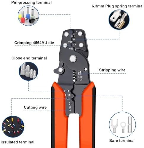 smseace Orange Wire Crimping tool Wire crimper,stripper and cutterfor insulated/Bare/Heat Shrink connectors(22-10 AWG) Multifunctional stripping crimping pliers Wire stripper and crimping tool