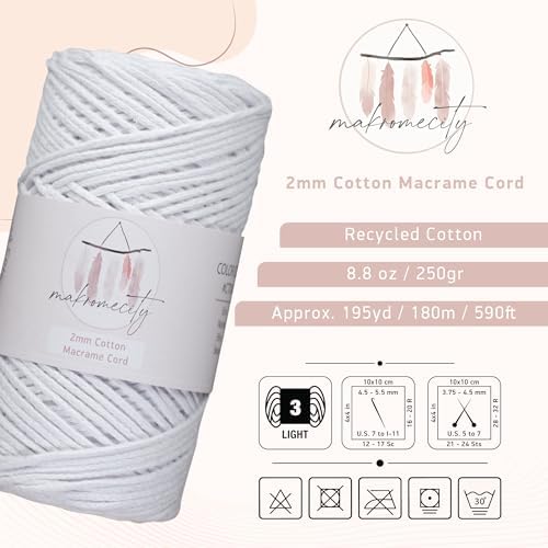 Makromecity, Cotton Macrame Cord 2mm x 195 Yards (590 feet) 2mm Recycled Cotton Crochet Yarn for Macrame Art & Crafts for Wall Hangings, Bags, Underplate, Rug (25 Colors Available) (White)
