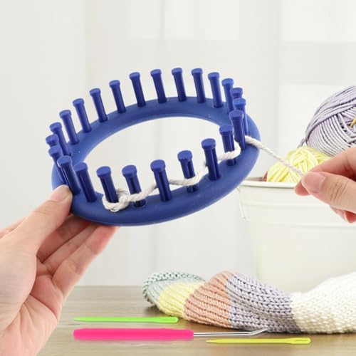 Round Knitting Looms Set, Plastic Loom Knitting Set with Crochet and Plastic Needle, Scarf Hats Making Tools, DIY Crocheting Handmade Craft Kit for Beginners and Knittings Lover (Blue, 5.5inch)