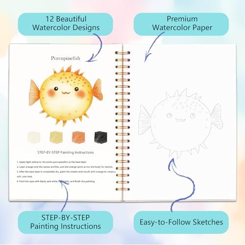 Easy Watercolor Workbook for Beginners - 12 Beautiful Step-by-Step Paintings Water Coloring Book, Includes 18 Colors Paints, Relaxing Art Projects and Creative Gift for Adults & Teen (Marine Animals)