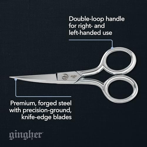 Gingher 4" Curved Embroidery Scissors, Premium Forged Steel Shears, Sharp Knife Edge Sewing Scissors for Precise Cuts with Protective Sheath, Ambidextrous Design, Chrome Plated Nickel Finish