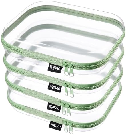YQBRAO Clear Hard Shell Zipper Cases, 4 Medium Makeup Organizers, Green