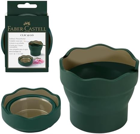 Faber-Castell Clic & Go Artist Water Cup, Dark Green - Travel-Friendly Collapsible Brush Cleaner Tool with Brush Stand, Scalloped Rim, Non-Slip Base, Portable Palette & Rinser