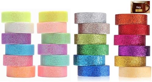 24 Rolls Glitter Washi Tape Set Washi Masking Tape Decorative Adhesive Tapes for Scrapbooking DIY Crafts Crafters Embellished Journals Planners Cards Gift Wrapping Ribbons Wedding(15 mm*2m)