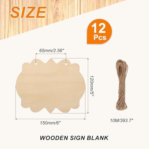 MECCANIXITY Unfinished Hanging Wood Sign Blank with Ropes 6"x5" Unfinished Wood Crafts Boards Wooden Plaques for Crafts DIY Painting Burning Carving Door Wall Decoration, Style 9, Pack of 12