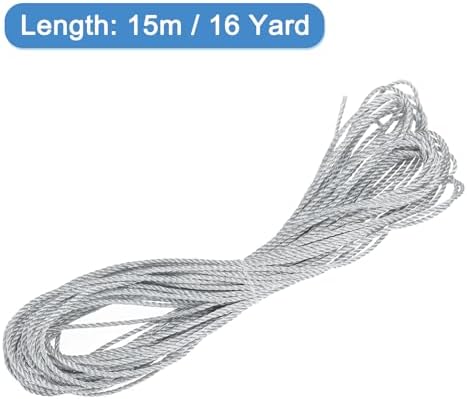 MECCANIXITY Twisted Cord Trim, 16 Yard 2mm 3-Ply Twine Braided Rope Shiny Thread String for Craft Gift Bag Curtain Christmas Decor, Silver-15m