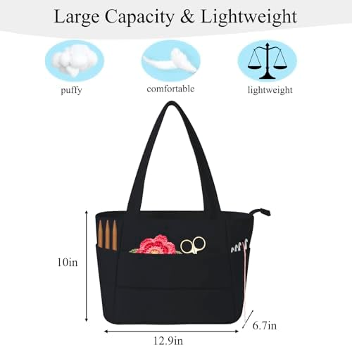 Crochet Bag for Yarn Storage, Puffer Knitting Bag with Soft Handles, Lightweight Yarn Storage Organizer with Zipper for Crochet Accessories, Gifts for Crocheters (Black)