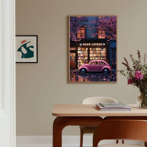 Pink Car BookShop Diamond Art Kits for Adults, Diamond Painting Kit Adults for Beginners, Round 5D DIY Dimond art,Full Drill Painting Kit Art and Crafts for Adults Home Wall Decor【11.8x15.7inch】