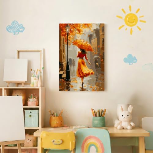 Spandrel Autumn Lady Framed Paint by Numbers Kit for Adult, Adult Paint by Number Kits on Canvas Street Scene, DIY Acrylic Oil Thanksgiving Painting by Numbers for Home Wall Decor, 8x12in