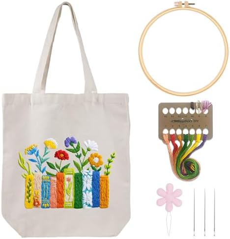 Louise Maelys Book and Flowers Embroidery Kit Canvas Tote Bag for Beginners