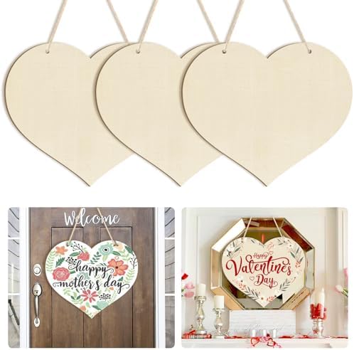 Large Size 12" Wooden Heart Ornaments to Paint, Happy Mothers Day DIY Blank Unfinished Wreaths Front Door Sign Decorations Heart Ornament Door Hanging Sign Plaque Crafts 3PCS