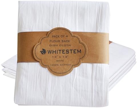 Flour Sack Dish Cloths 13x13 – 100% Cotton, Lint-Free & Highly Absorbent Kitchen Dishcloths (4 Pack), Quick-Dry Dish Towels for Washing Dishes, Cleaning, Polishing & Household Tasks, White