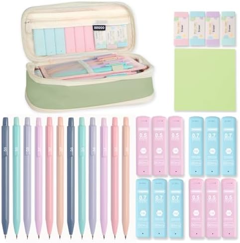 Aesthetic School Supplies with Cute Pencil Case, 12x Pastel Mechanical Pencils 0.5 & 0.7mm with 720x HB Leads, 4x Erasers and 1x Sticky Note, Suitable for Writing, Drafting Drawing Sketching(green)