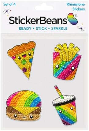 StickerBeans® Rhinestone Stickers - Rainbow Foodie Sticker Pack, 2” x 2” Each, Unique Sparkly Cut-to-Shape for Collecting, Trading, Decorating Laptops, Phone Cases, Scrapbooks