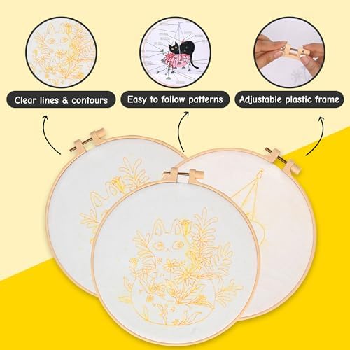 The ZenStore Embroidery Kit for Beginners – Black Cats & Kittens 3 Pattern Set – Complete DIY Needlepoint Kit with Hoops, Thread, Fabric, and Tools – Cute Animal Cat Embroidery Gift