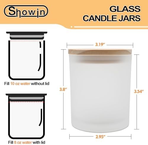 SHOWIN Thick Candle Jars for Making Candles 12 Pcs,10 OZ Empty Jars with Wood Lids for Candle Making, Sample Container, Frosted White
