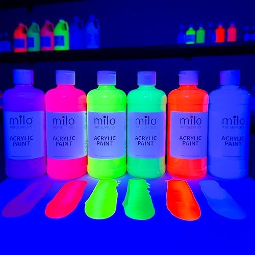 milo Fluorescent Acrylic Paint Set, 6 Neon UV Colors, 16 oz Bottles