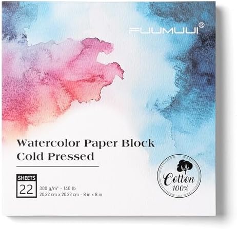 Watercolor Paper Block 8x8 Inch, Fuumuui 100% Cotton Watercolor Paper Pad of 22 Sheets, 140lb/300gsm, Acid-Free Cold Pressed Art Paper for Painting, Drawing, Art Journaling, Wet, Mixed Media