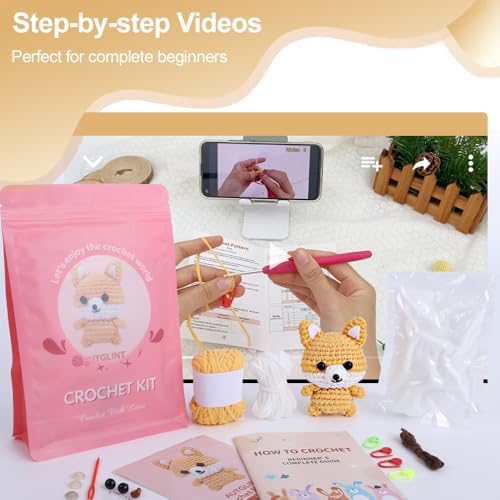 Autglint Fox Crochet Kit for Beginners, Amigurumi Animal DIY Knitting Kit with Step-by-Step Video Guides, Learn to Crochet Kit for Adults & Kids with Pre-Started Yarn - Orange Fox