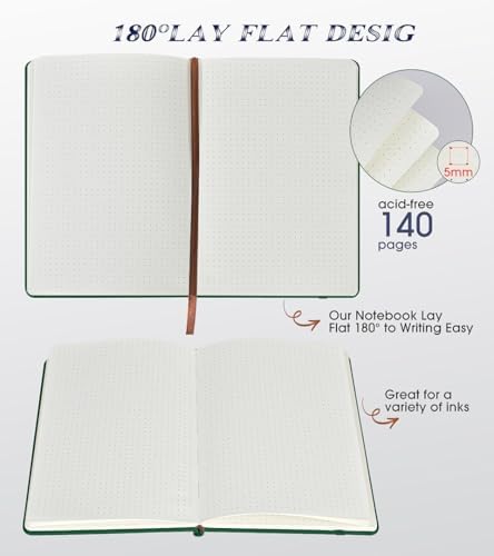 Biuwory Dotted Journal Notebook, 140 Dot Grid Pages, Medium 5.7"×8.3" | A5 Hardcover Vintage Leather Journal for Women Men, Dot Grid Paper Notebook for Work School Travel, Bullet Journaling Writing