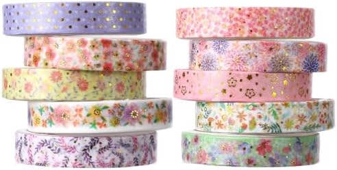 cobee 10 Rolls Sparkling Gold Foil Washi Tape Set, Decorative Masking Tape