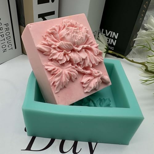 3D Peony Soap Mold Rectangle Delicate Flower Silicone Soap Molds for Soap Bar Making Lotion Bar Scented Candle Aromatherapy Plaster Mould Cake Decoration Fondant Ice Cube Moulds