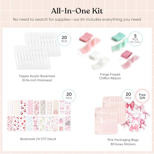YOPPIX 6x2” Acrylic Bookmark Blanks- 20 Set Bookmark Making Kit with 20 UV DTF Stickers About Bow Theme 20 Ribbon 80 Bookish Stickers for DIY Your Crafts Gift for Book Lover