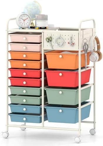 GOFLAME 14-Drawer Rolling Storage Cart with Pegboard, Craft Storage Cart with Lockable Wheels and Metal Frame, Art Cart Supply Storage Organizer for Home Office Classroom, Macaron Color