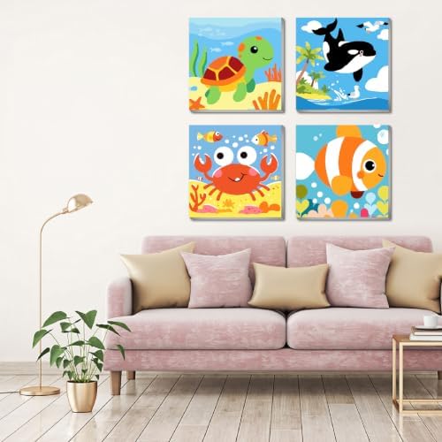 FQOVKYN 4 Pack Paint by Numbers Kit for Kids with Frame, Cute Marine Animals Kids Paint by Numbers Ages 4-6-8, Easy DIY Acrylic Oil Painting by Number for Gift Home Wall Decor(8x8 inch)