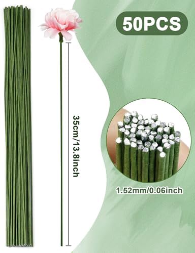 50 PCS FIVEIZERO 16 Gauge Green Floral Wire Stems for Artificial Flower Making,Florist Wire,Flower Wires for Crafts,Alambre para Flores for Wreaths, Flower Arrangements and DIY Projects