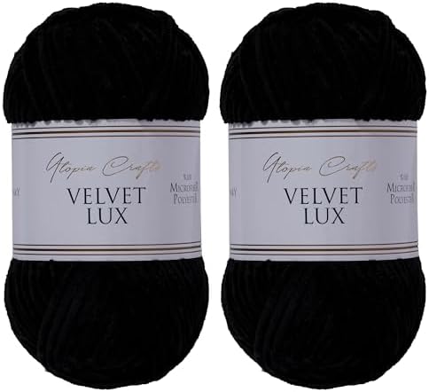 Velvet Lux Chenille Yarn for Crocheting and Knitting, 2 Pack Bulk Chunky Yarn, Super Soft Velvet Yarn for Amigurumi, Baby Blankets & Home Decor — 100g/120yds per Skein (Black)