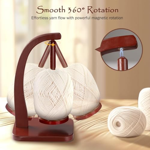 PEKER Yarn Holder Spinner for Crocheting and Knitting, Wooden Yarn Winder with Magnetic Rotation & Anti-Slip Pads, Crochet Accessories for Yarn Storage, Yarn Holder Gift for Knitting Lovers
