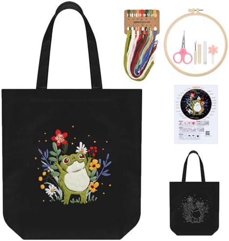 ERKOON Canvas Tote Bag Embroidery Kit for Beginners, Needlepoint Arts Crafts Cross Stitch Kits for Adults Including Stamped Embroidery Bag with Hoops, Needle, Instruction and Color Threads (Frog)
