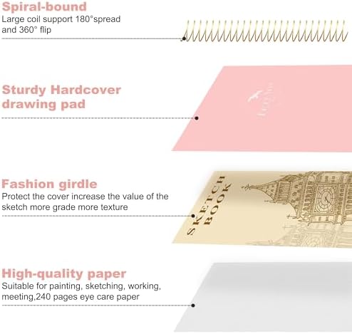 Hardcover Sketchbook for Drawing Spiral Sketch Book for Adult Kids 8.5 x 11 | 120 Sheets, 100gsm 68lb, Pink Large Spiral Bound Sketch Pad Premium Drawing Paper Book Artist's Sketchbook for Gift Ideas