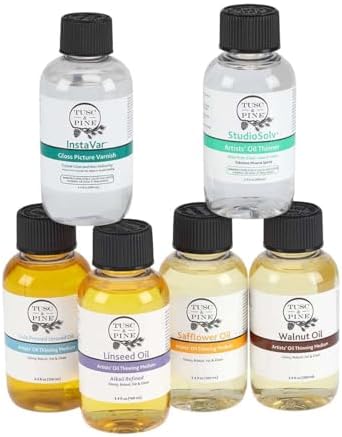 Tusc & Pine Oil Medium Sampler Set of 6 - 3.4oz Bottles, Linseed, Walnut, Safflower, Paint Thinner and Gloss Varnish, Non-Yellowing, Travel-Friendly, Made in USA