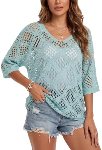 Womens Crochet Top Summer 3/4 Sleeve Cover Up V Neck Boho Tops