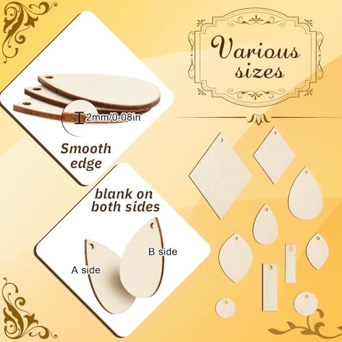 HAPY SHOP 300 Pieces Unfinished Wooden Earrings Teardrop/Circle/Leaf/Diamond/Rectangle Shapes Wood Earring Blanks 100 Pieces Earring Hooks and 100 Pieces Jump Rings