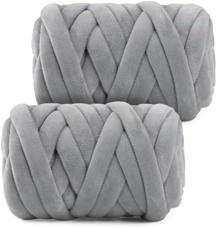 Chunky Yarn for Hand Knitting- Velvet Chenille Tube Yarns- Jumbo Yarns for Blankets, Pet Beds, Machine Washable (0.66 Lb/18.59 Yd), Easy No-Tool Arm Knitting & Crochet Project (2, Gray)