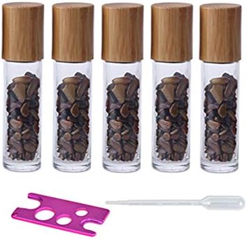 5 Pack 10ml Clear Roll On Bottles With Natural Chakra Crystal Chips for Essential Oils,Perfume Glass Roller Bottles Container Bamboo Lid,Crystal Roller,Pipette&Opener Included (Tiger Eye)
