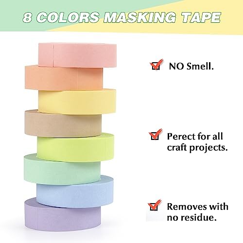 Hutou 8 Rolls Washi Tape Colored Masking Tape 1/2 Inch, Pastel Colors