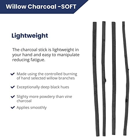 Pacific Arc Large Willow Charcoal Stick 4/Pkg, Soft, Black, Willow Charcoal for Sketching and Drawing