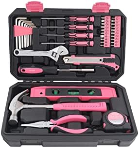Apollo Tools 39 Piece General Household Tool Set in Toolbox Storage Case with Essential Hand Tools for Everyday Home Repairs, DIY and Crafts - Ribbon - Pink - DT9711P