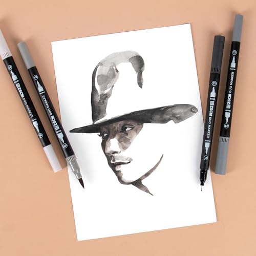 Gray Duo Tip Marker Pens, 12 Fine & Brush Tip Pen For Adult Coloring Books