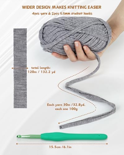 Katech 400g T Shirt Yarn for Crocheting, Elastic Fabric Yarn for Bag-Gray