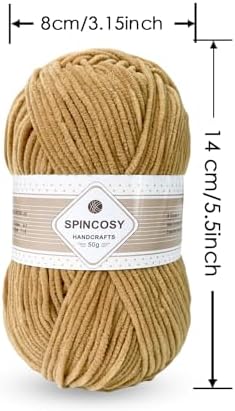 Skinny Chenille Yarn, 2 Pack of 50g/120 Yards Fluffy Soft Polyester Crochet Yarn Sutible for Colorful DIY Crafts Blankets Plush Dolls (Khaki)
