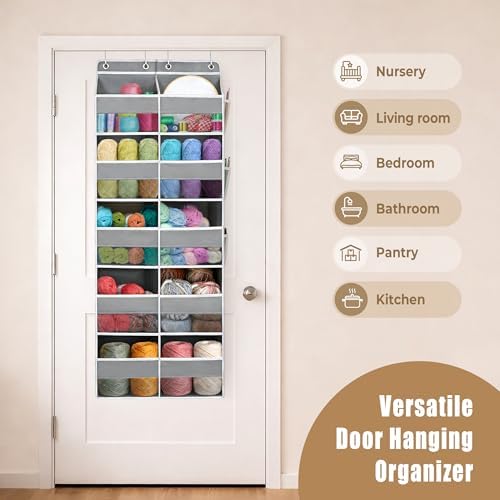 Over The Door Organizer, Hanging Yarn Storage Organizer with 10 Extra Large Clear Pockets and 10 Side Crochet Bags, Hanging Shelves for Yarn, Crochet Hooks, Knitting Needles Supplies Storage,Black