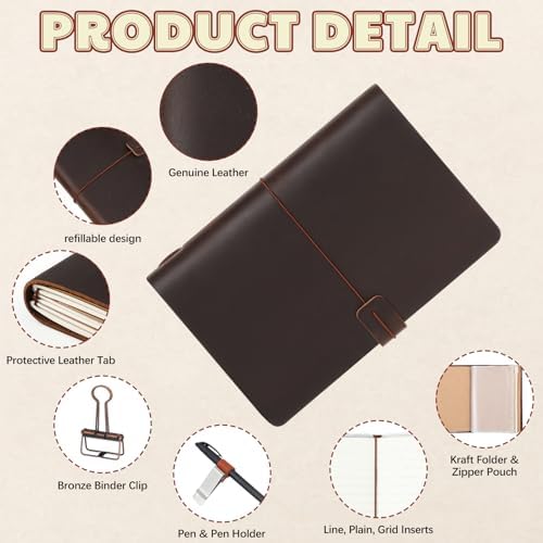 Thenshop Leather Travel Notebook 3 Inserts,Coffee Color,A5 Size
