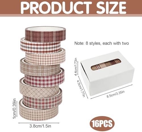 16 Rolls Vintage Gingham Plaid Washi Tape Set