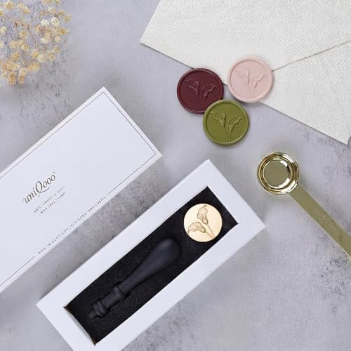 UNIQOOO 3D Embossed 2 Flowers Calla Lily Wax Seal Stamp with Wooden Handle, Vintage Floral Brass Sealing Wax Stamp Head for Wedding Invitations, Envelopes, Gift Wrapping, DIY Crafts