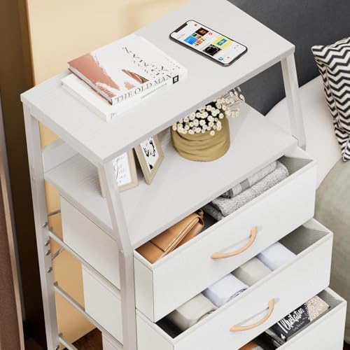 Furnulem Tall Nightstand with 4 Fabric Drawers, Small Dresser for Bedroom